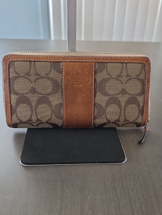Coach Handbags - Coach Brown Signature Canvas Zip Wallet with Leather Trim